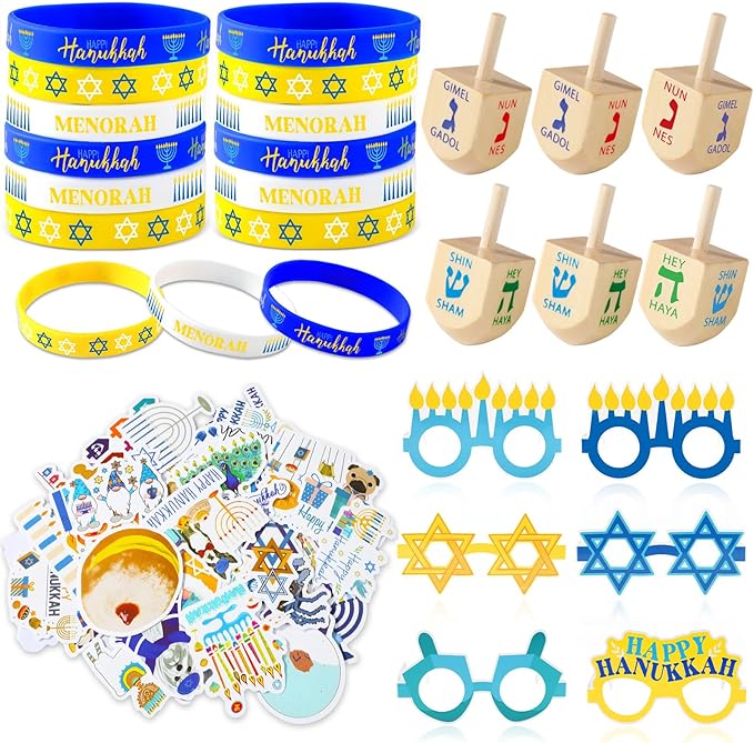 123Pcs Hanukkah Party Favors Silicone Bracelets Rubber Sets Chanukkah Wooden Gyro and Sticker Kits Hanukkah Wristbands and Paper Glasses Party Gifts for Adults Chanukkah Decorations Accessories