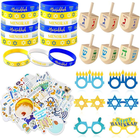 87Pcs Hanukkah Party Favors Silicone Bracelets Rubber Sets Chanukkah Wooden Gyro and Sticker Kits Hanukkah Wristbands and Paper Glasses Party Gifts for Adults Chanukkah Decorations Accessories