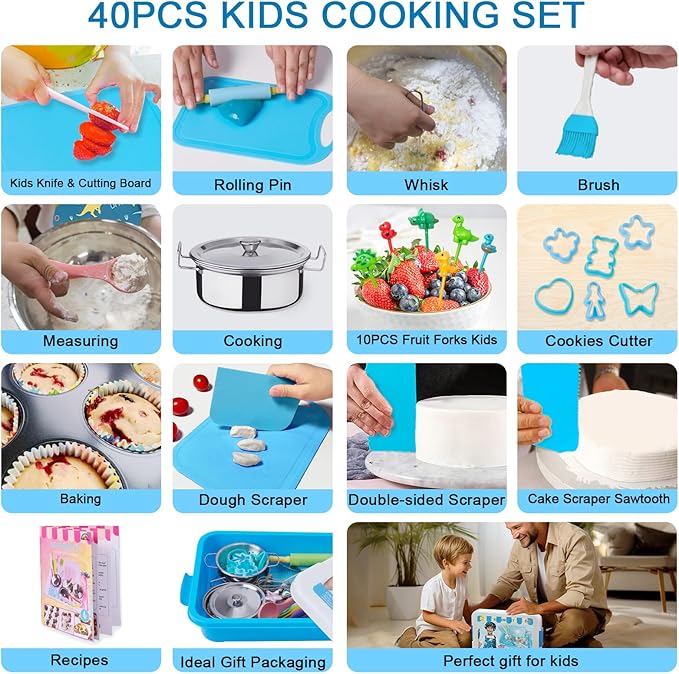 42-Piece Kids Cooking Set - Real Knife, Baking Set, Pots & Pans, Pretend Play Toys - Apron & Chef Hat for Boys