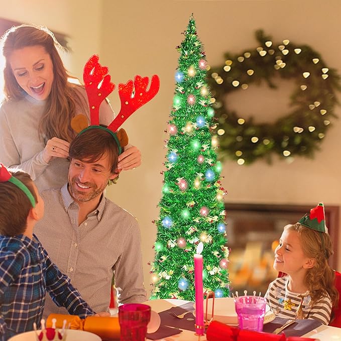 5FT Pop Up Christmas Tree with 90 LED Lights, Collapsible Christimas Tree Sled Sequins Tinsel Slim Pencil Christmas Xmas Tree for Home Holiday Fireplace Party Indoor Outdoor Decorations, Green