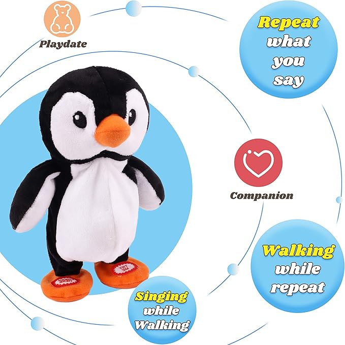 Hopearl Talking Singing Penguin Repeats What You Say Walking Electric Interactive Animated Toy Speaking Plush Buddy Gifts for Toddlers, 7.5''