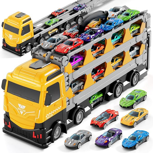 78-Inch Cars Trucks Toys for Toddler 1-3 2-4 3-5 4-7 Years Old Boys Kids, Transport Truck Toys with 24 Pcs Die-Cast Cars, Toys Gifts for 3 4 5 6 Year Old Boys, Toddler Boy Toys Ages 3-5 4-7