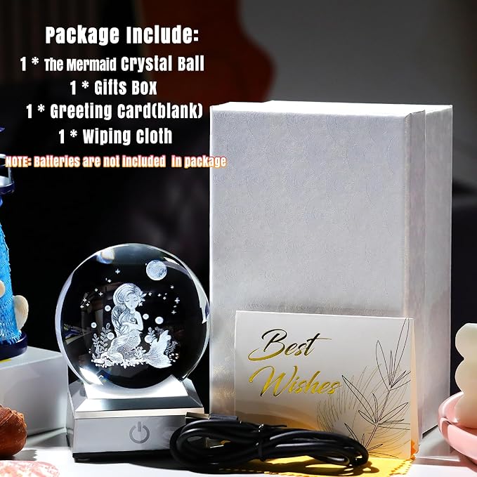 Ornalrist 3D Mermaid Crystal Ball Gifts for Women, Girls 3.15in with Colorful LED Light Base - Gifts for Kids on Birthday, Christmas, New Year - Mermaid Figurines Home Decor
