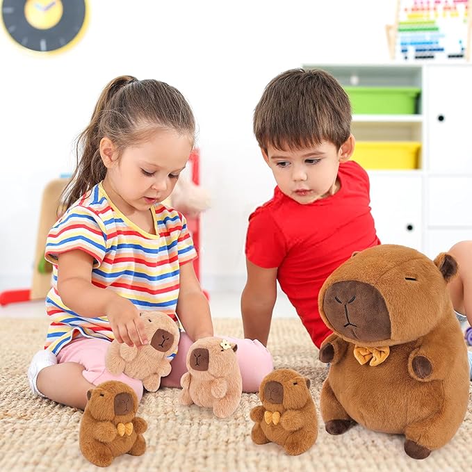 Achwishap 5PCS Capybara Plush,Capybara Stuffed Animal Mommy with 4 Capybara Babies Plush Toy,Cute Plushie Capybara Hugging Pillow Cuddle Plushie for Kids Girls Boys Gifts(Capybara Family,16”,Brown)