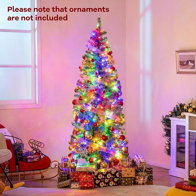 GOFLAME 6.5FT Pre-Lit Pencil Christmas Tree, Hinged Artificial Xmas Tree with 556 Branch Tips, 200 LED Lights, 9 Lighting Modes & Folding Metal Stand, Slim Holiday Decoration Tree for Home Party