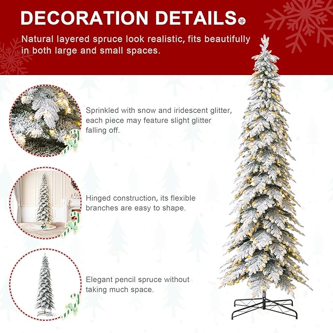 Glitzhome 11ft Prelit Christmas Tree, Artificial Christmas Tree with 700 Warm White Lights, Flocked Pencil Tree Chicago Frostwood Spruce Xmas Tree w/2890 PE&PVC Branch Tips and Sturdy Metal Stand