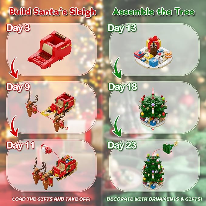 Christmas Tree Advent Calendar 2025, 24 Day Countdown Kit with 912PCS Building Blocks Set, Xmas Holiday Decorations Gift for Kids Teen Girls Boys (Santa Sleigh Reindeer)