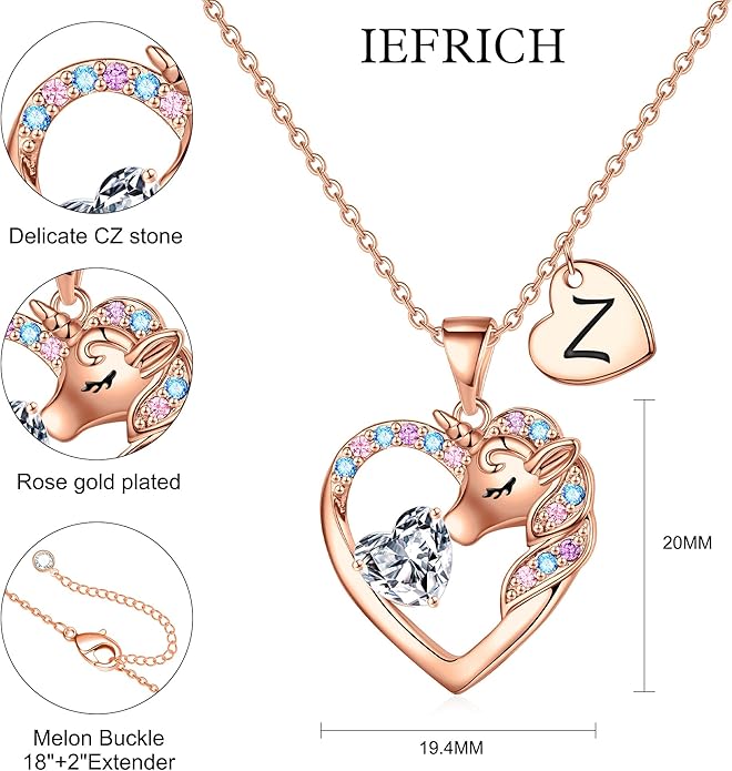 Necklace for Girls Kids Gifts - Colorful CZ Heart Initial Necklaces Unicorn Necklace for Girls Jewelry Birthday Graduation Gifts for Little Girl Kids