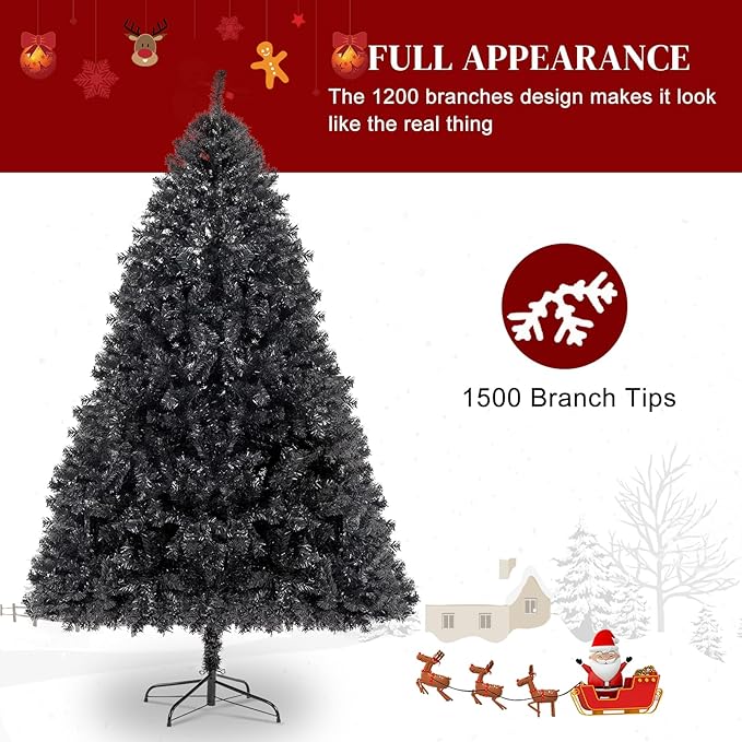 Bonnlo 7ft Unlit Christmas Tree, Artificial Christmas Tree w/1500 Branch Tips, Sturdy Metal Stand, Indoor & Outdoor Xmas Tree for Holiday Decor, Black