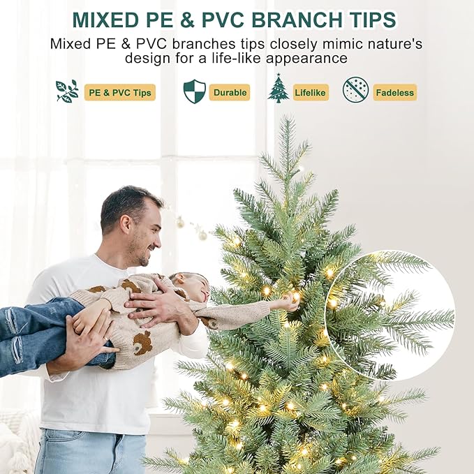 9 FT Prelit Artificial Skinny Christmas Tree,Blue Spruce Slim Pencil Xmas Tree with 2470 PE&PVC Mixed Branch Tips,650 UL Listed Clear Lights,Hinged Pine Tree with Metal Stand for Home Office Décor