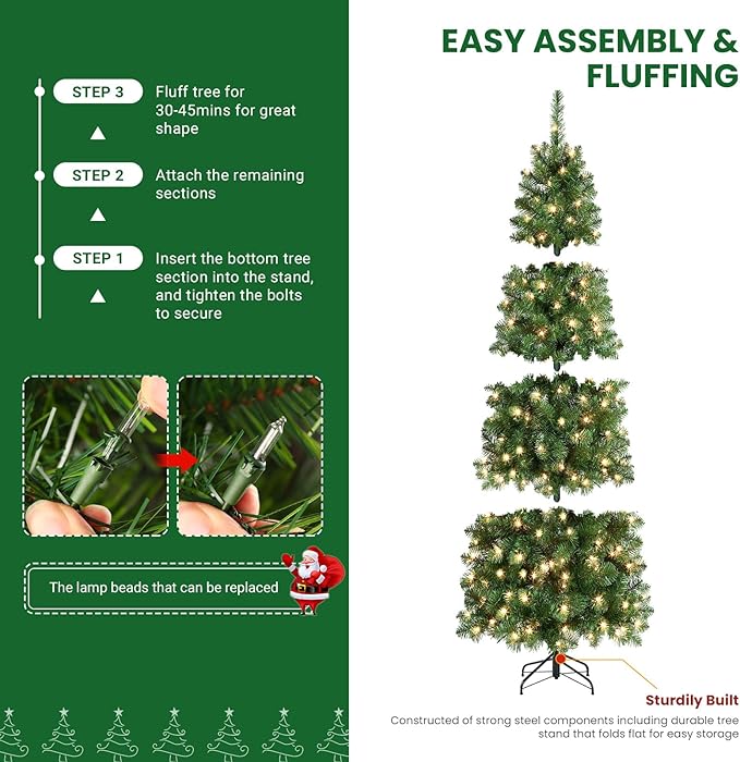 SHareconn 9 ft Prelit Artificial Hinged Slim Pencil Christmas Tree with Warm White Lights, Full Branch Tips, Good Choice Decoration for Xmas Holiday, 9 FT, Green