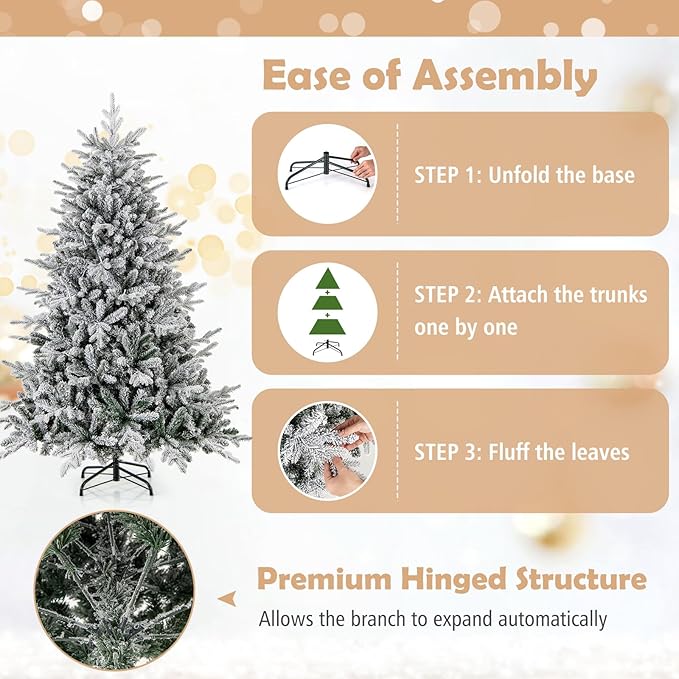 GOFLAME 6ft Pre-Lit Christmas Tree Snow Flocked, Hinged Artificial Xmas Tree with 820 Branch Tips, 260 Multi-Color LED Lights, 8 Lighting Modes, Holiday Decoration Tree for Home Office Party