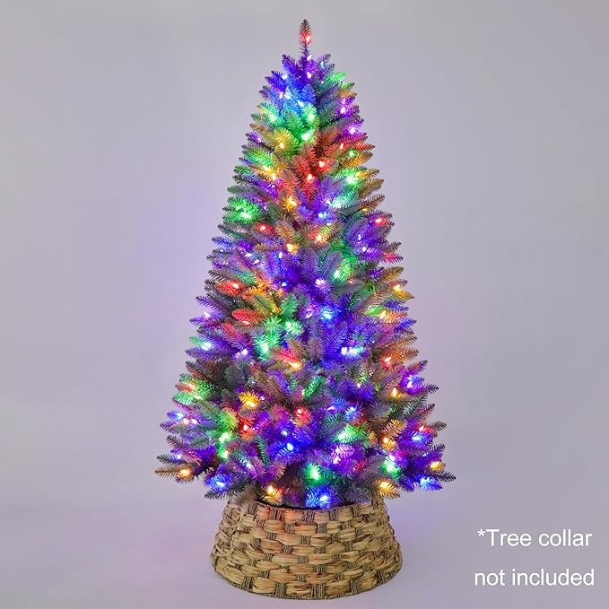 6.5FT Prelit Slim Artificial Christmas Tree with 813 Branch Tips, 250 Dual-Color LED Lights and Metal Stand, Realistic Skinny Pencil Blue Spruce Tree for Holiday Décor