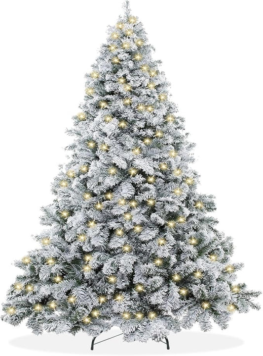 Casafield 4.5FT Pre-Lit Realistic Snow-Flocked Pine Artificial Holiday Christmas Tree with Sturdy Metal Stand