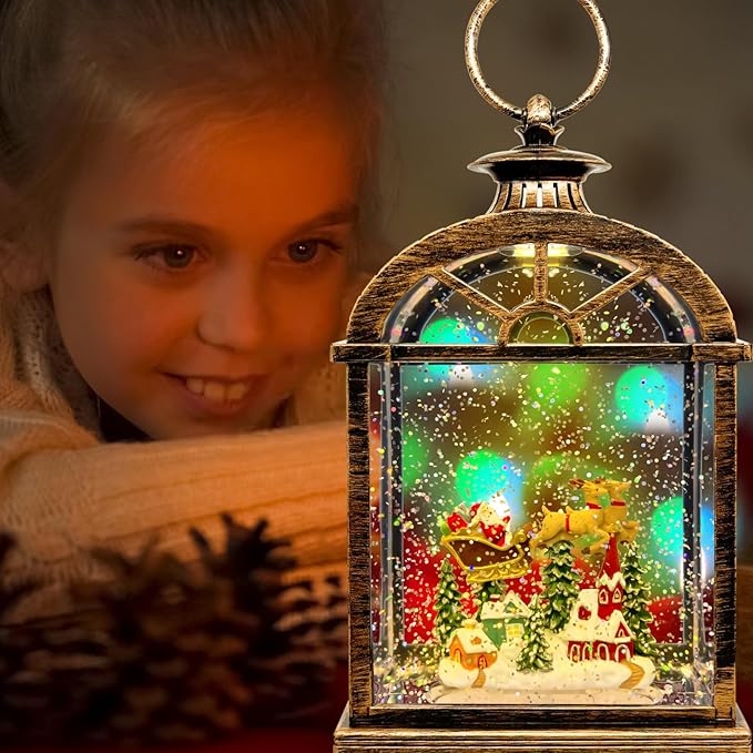 Musical Christmas Snow Globe Lantern - USB/Battery Operated Swirling Glitter Lantern with Timer, Snow Globe Decoration for Home Holiday Decor (Deer)