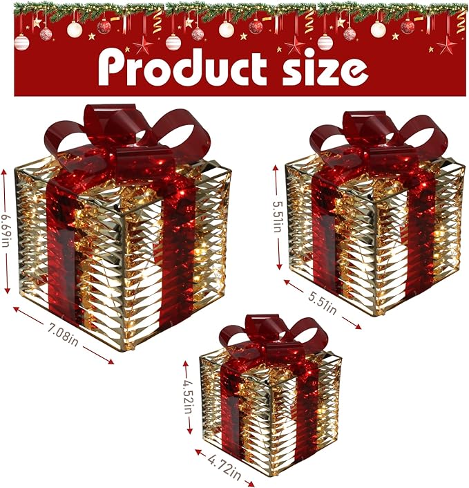 Christmas Light Gift Box Decorations, 3-Piece Set, Pre-Strung Wired Gifts with Bows, Illuminate Christmas Tree Skirt Decorations. Suitable for Indoor and Outdoor Use.（Gold）