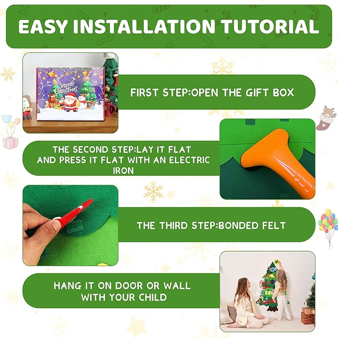 Onekka DIY Felt Christmas Tree Set with 32pcs Ornaments for Kids, Xmas Gifts, Wall Hanging Toddler Christmas Tree with String Light(Without Battery)