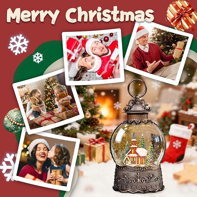 Christmas Snow Globes Lantern, Church and Christmas Tree Christmas Decorations Indoor, 6H Timer Battery & USB Powered Light Up Musical Snow Globes for Kids Women Adults Gift Thanksgiving Home Decor