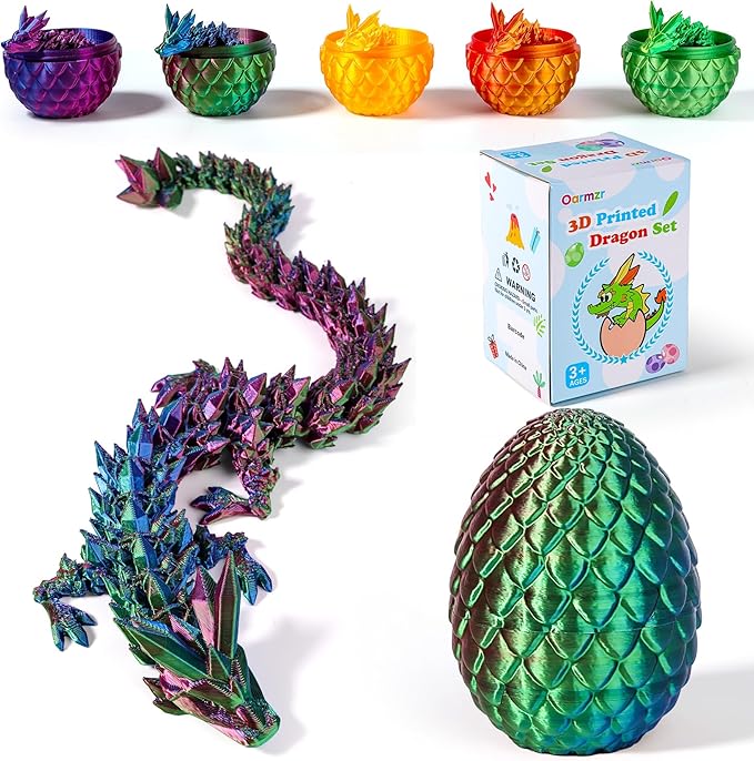 12''3D Printed Dragon and 4.73''Egg - 3D Printed Toys, Articulated Crystal Dragon Egg with Dragons Inside Fidget Toy, Decor Dragons Collectible Figurines (Blue Green Purple,12inch)