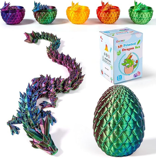 12''3D Printed Dragon and 4.73''Egg - 3D Printed Toys, Articulated Crystal Dragon Egg with Dragons Inside Fidget Toy, Decor Dragons Collectible Figurines (Blue Green Purple,12inch)