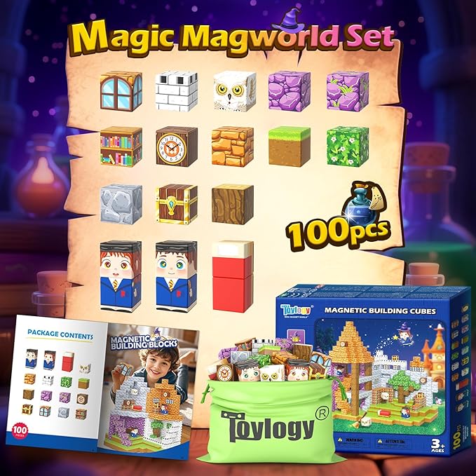 100PCS Magnetic Blocks-Build Mine Magnet World Magic School Edition, Magnetic Kids Building Toys for Toddler Kids Ages 3-5 4-8 6-8, Birthday Gifts for 3+ Boys&Girls