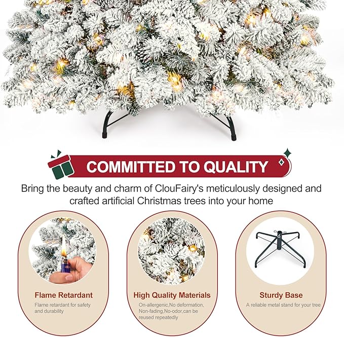 Flocked Pre-lit Christmas Tree 8ft, Premium Christmas Tree with Lights - White Flocked Prelit Trees- Artificial Xmas Trees