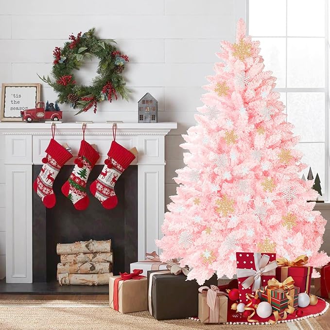 SUNCROWN 6ft Artificial Flocked Christmas Tree Premium Frosted Snow Christmas Tree Hinged Xmas Tree Holiday Decor for Indoor Outdoor, Foldable Metal Stand, 1000 Branch Tips, Pink