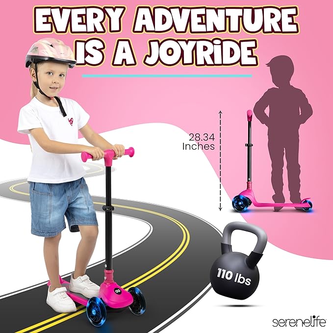 SereneLife 3 Wheel Foldable Kids Scooter - Foldable Seat, LED Wheel Lights, Adjustable Handlebar, Rear Foot Brake, Lean-to-Steer, Anti-Slip Deck, Ideal for Toddlers Kids 3+, up to 110Lbs