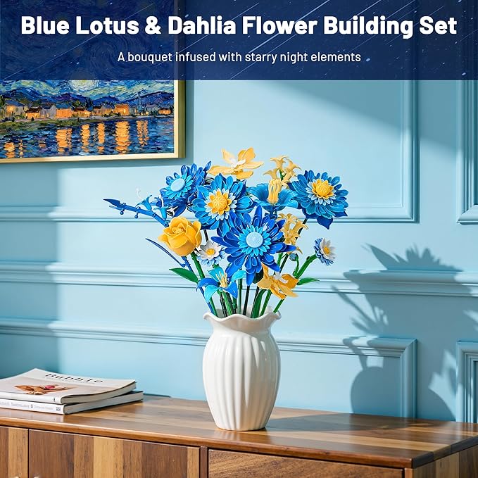 Starry Blooms Flowers Bouquet Building Set for Adults, Artificial Flower Compatible with Lego Botanical Collection, Gift for Christmas Thanksgiving Mother's Valentine's Day, Home Office Decor
