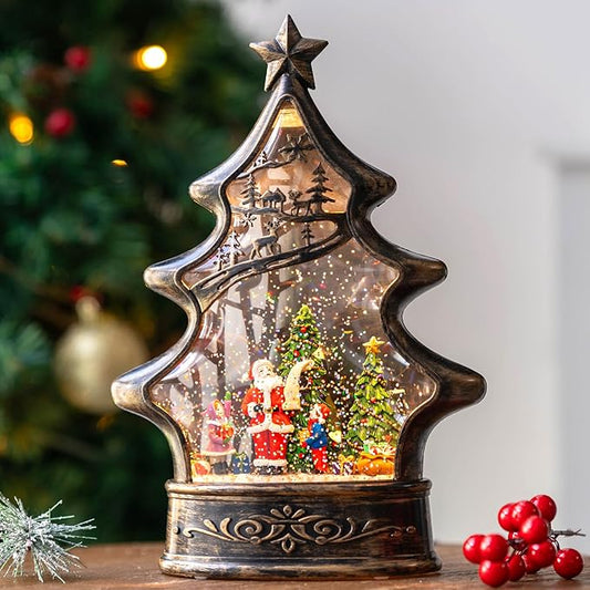 Musical Snow Globe Christmas Tree Lantern Lighted Santa's List Christmas Snow Water Lantern Swirling Glittering Home Decoration and Gift, Battery Operated or USB Powered