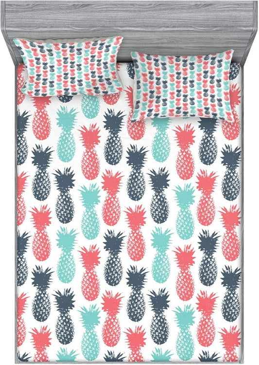 Ambesonne Pineapple Fitted Sheet & Pillow Sham Set, Island Pineapple Tropic Fruit Pattern Stamped Minimal Backdrop Pop Art, Decorative Printed 3 Piece Bedding Decor Set, King, Turquoise White Coral