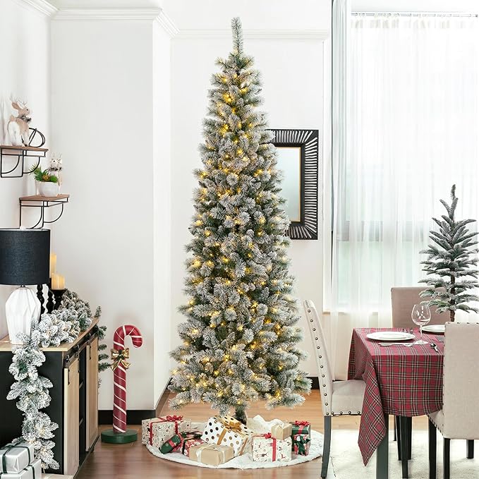 Glitzhome 9ft Prelit Christmas Tree, Artificial Christmas Tree Portland Snowy Pine Flocked Pencil Christmas Tree with 450 LED Lights, 9 Functional Warm White/Multi-Color, Remote Controller