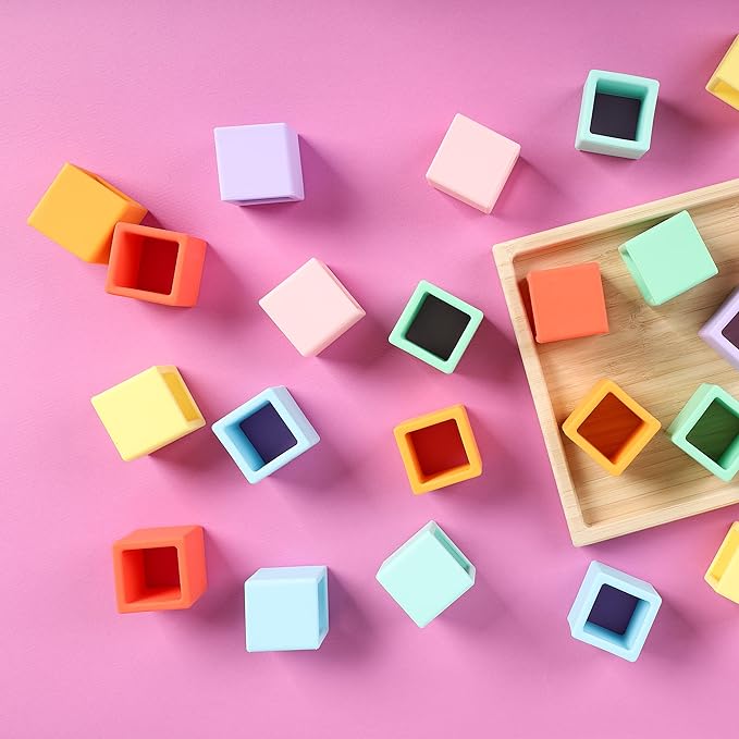 BLUE GINKGO Silicone Rainbow Blocks – [24 PC] Giftable Soft Blocks for Kids, BPA-Free Montessori Stacking Toy with Sorting Tray (Pastel)