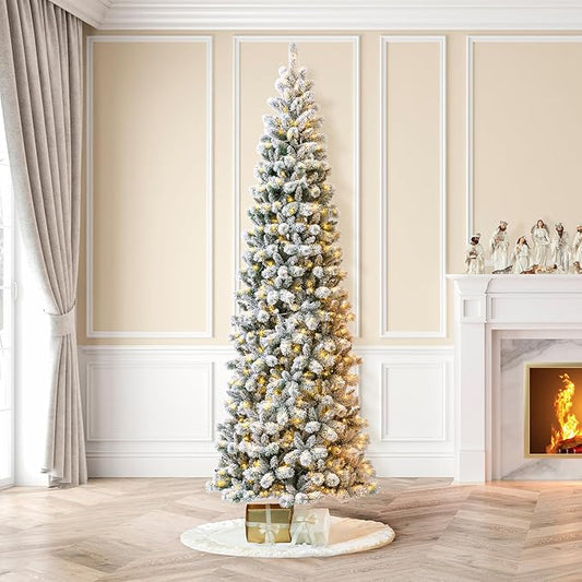 Glitzhome Flocked Pencil Artificial Christmas Tree, 11ft Prelit Christmas Tree with 700 Warm White/Multi-Color Lights & Foldable Metal Stand, Portland Snowy Pine for Home, Office, Party Decoration