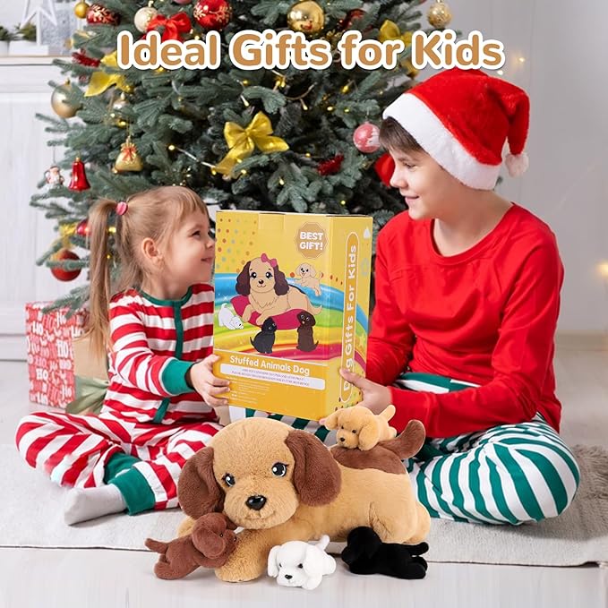 5 Pieces Dog Stuffed Animals with Babies Inside Belly - 1 Mommy Stuffed Dog with 4 Puppy Plush - Stuffed Puppy Plush Toy for Kids Age 3-8, Gifts Ideal for Christmas, Valentine's, Birthday
