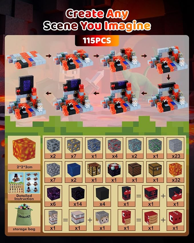 115PCS Magnetic Blocks - Building Toys for Boys Girls 3+, with 20 Unique Patterns, Lava Rivers, Volcanoes, & Dragons, STEM Sensory Toys for Kids Boys Girls Ages 3 4 5 6 7 8 9 Birthday Gifts