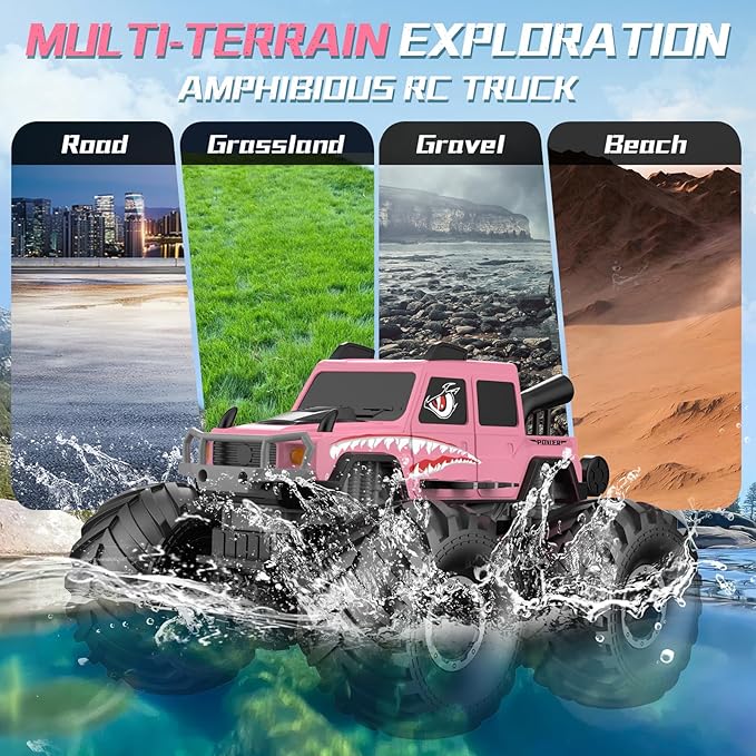 NQD® Monster Truck Toys, Waterproof 360°Rotate 4x4 RC Truck, Amphibious Remote Control Monster Trucks, 2.4GHz All Terrain Off-Road Pickup Toy RC Car for Gifts for Boys Kids Age 6 7 8 9 10 11 12+,Pink