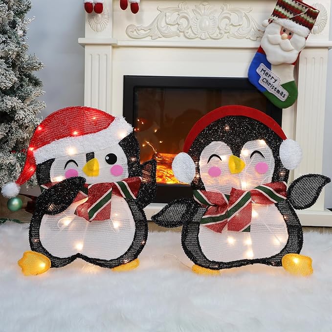 Hausse Set of 2 Lighted Christmas Penguins Decorations, Pre-Lit 2D Tinsel Cute Penguin with Incandescent Lights, Light Up & Plug in for Indoor Outdoor Xmas Winter Holiday Yard Lawn Garden Decor