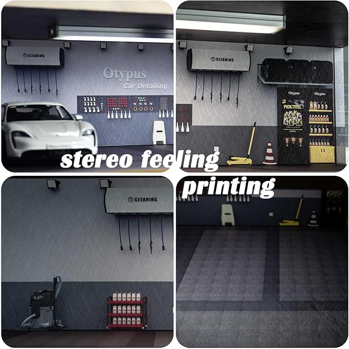 1/24 Scale Diecast Car Model Display Case, 1:24 Toy Garage with Adjustable Brightness Tricolor Light in Cars Detailing Studio Scene, 8 Parking Spots (4 Indoor +4 Roof Parking Spots)