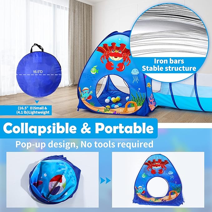 SISTICKER 3pc Kids Play Tent: with Baby Ball Pit and Crawl Tunnel - Toddler Pop Up Climbing Toys - Indoor Outdoor Playhouse - Gift for Year Old Boys Girls (Balls NOT Included)