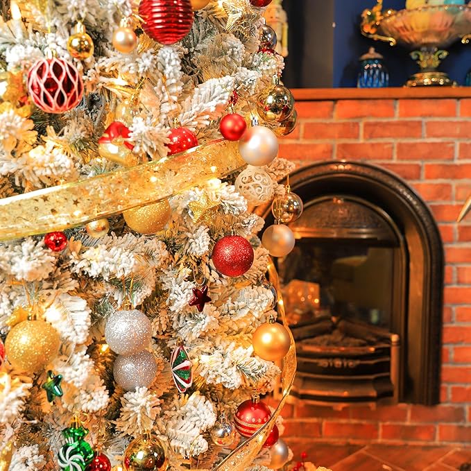 7.5 ft Snow Flocked Christmas Tree, Artificial Holiday Christmas Tree with 450 Warm White Lights, 1446 Frosted Tips, Metal Stand & Hinged Branches, Easy Assembly for Indoor Decorating