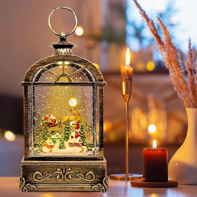 Musical Christmas Snow Globe Lantern - USB/Battery Operated Swirling Glitter Lantern with Timer, Snow Globe Decoration for Home Holiday Decor (Deer)
