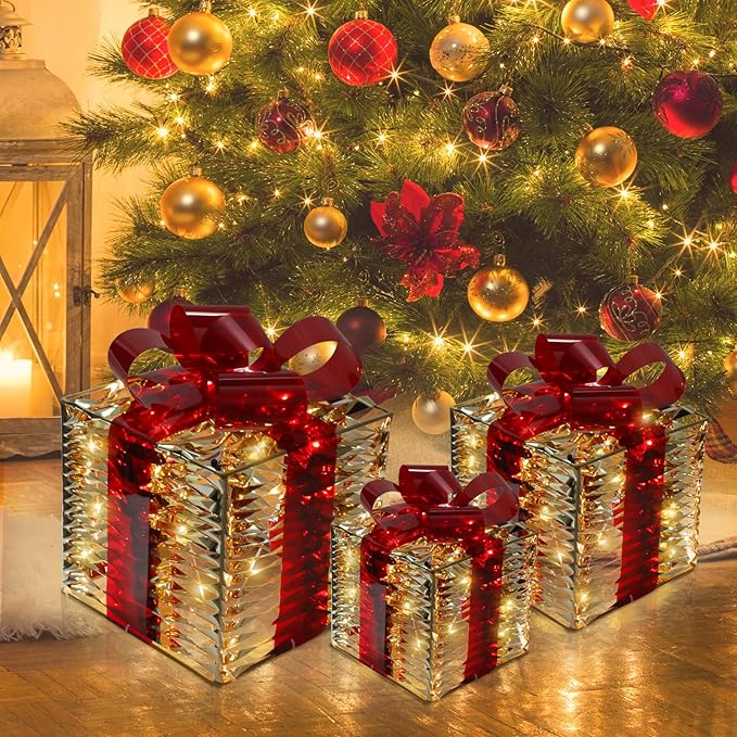 Christmas Light Gift Box Decorations, 3-Piece Set, Pre-Strung Wired Gifts with Bows, Illuminate Christmas Tree Skirt Decorations. Suitable for Indoor and Outdoor Use.（Gold）