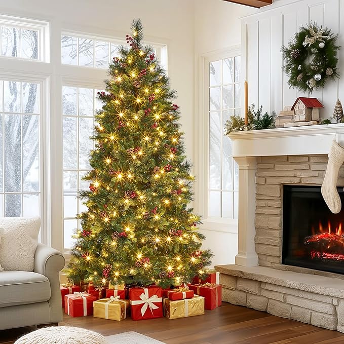 6FT Pre-lit Artificial Christmas Tree, Pre-Decorated Fluffy Fraser Fir with 350 Warm White Lights, 900 Hinged Branch Tips, Pine Cones & Berries, Includes Metal Stand for Holiday Decor
