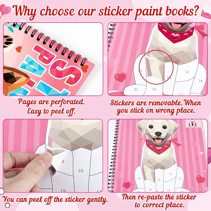 90shine 2PCS Valentines Crafts for Kids Sticker Books - Valentines Gifts Ages 4-8 Bear Dog Themed Design Create 22 Pictures