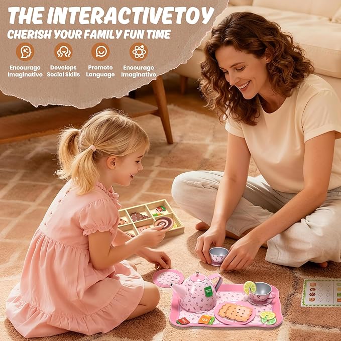 Kids Tea Party Set for Little Girl, Tea Sets for Toddler Pretend Play Food Kitchen Toy Accessories Gift for 3 4 5 6 Years Old Girls Boys (Pink)