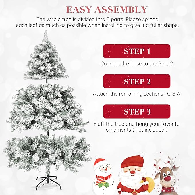 SUNCROWN 6ft Artificial Flocked Christmas Tree Premium Frosted Snow Christmas Tree Hinged Xmas Tree Holiday Decor for Indoor Outdoor, Foldable Metal Stand, 1000 Branch Tips, White