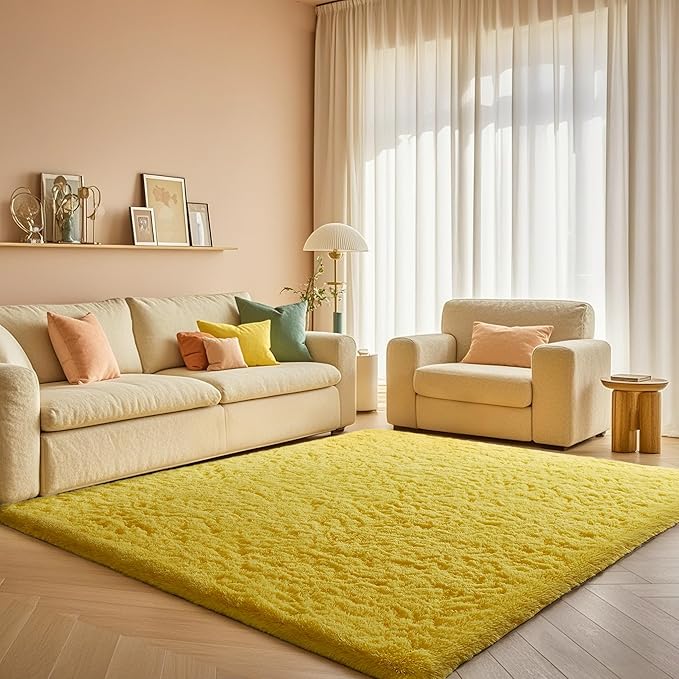 Ophanie Yellow Rugs for Living Room Bedroom, 5x8 Fluffy Fuzzy Furry Carpet, Plush Soft Shaggy Bedside Indoor Floor Area Rug for Kids Girls Boys Baby Teen Dorm Nursery Home Decor Aesthetic