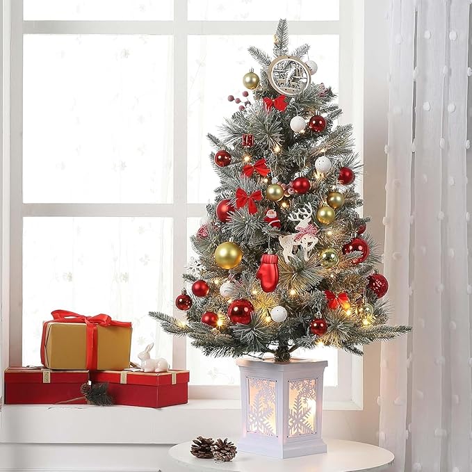 3FT Prelit Artificial Christmas Tree with Lights, 3 Foot Artificial Christmas Tree with Snowflake Base, 78 LED Prelit Christmas Tree, Battery Operated, Timer, Easy Assembly, Winter Holiday Decor