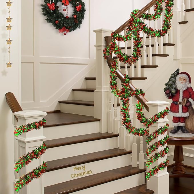 50ft Metallic Tinsel Garland - Christmas Tree Hanging Decorations (Red, Green, Black)